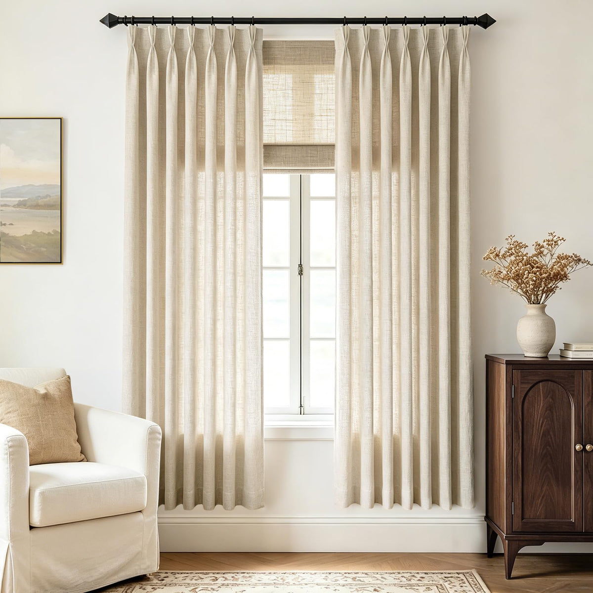 Beige Pinch Pleated Linen Curtains 108 inch Length 2 Panels for Living Room Light Filtering Triple Pleat Curtain Memory Trained FarmhouseNeutral Earthy Thick Flax Linen Drapes 108 inch Long Apricot