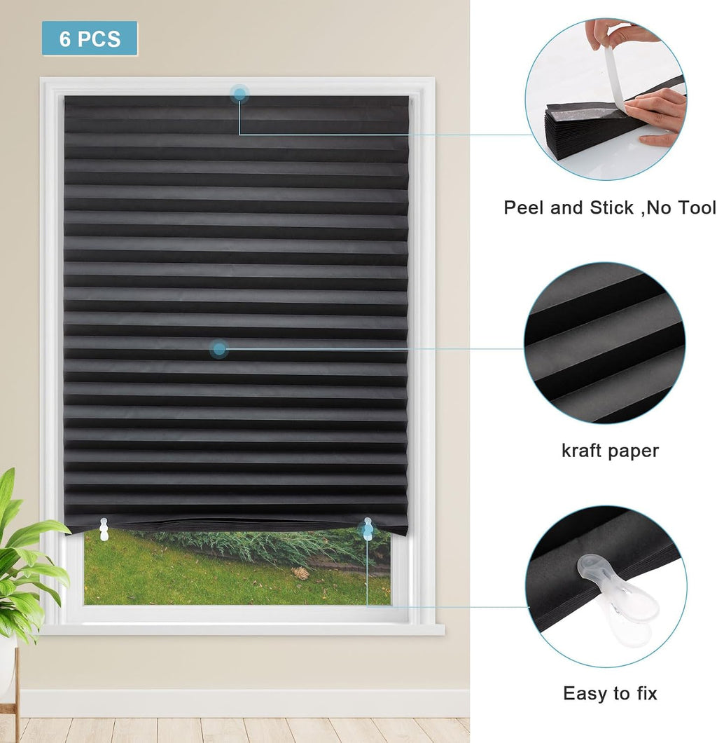 MYshade 6 Pack Temporary Blackout Paper Shades for Windows,Paper Pleated Blinds with Adhesive,No Tools No Drilling Free Cut Size Temporary Room Darkening Shades(Black, 36" W x 72" H)
