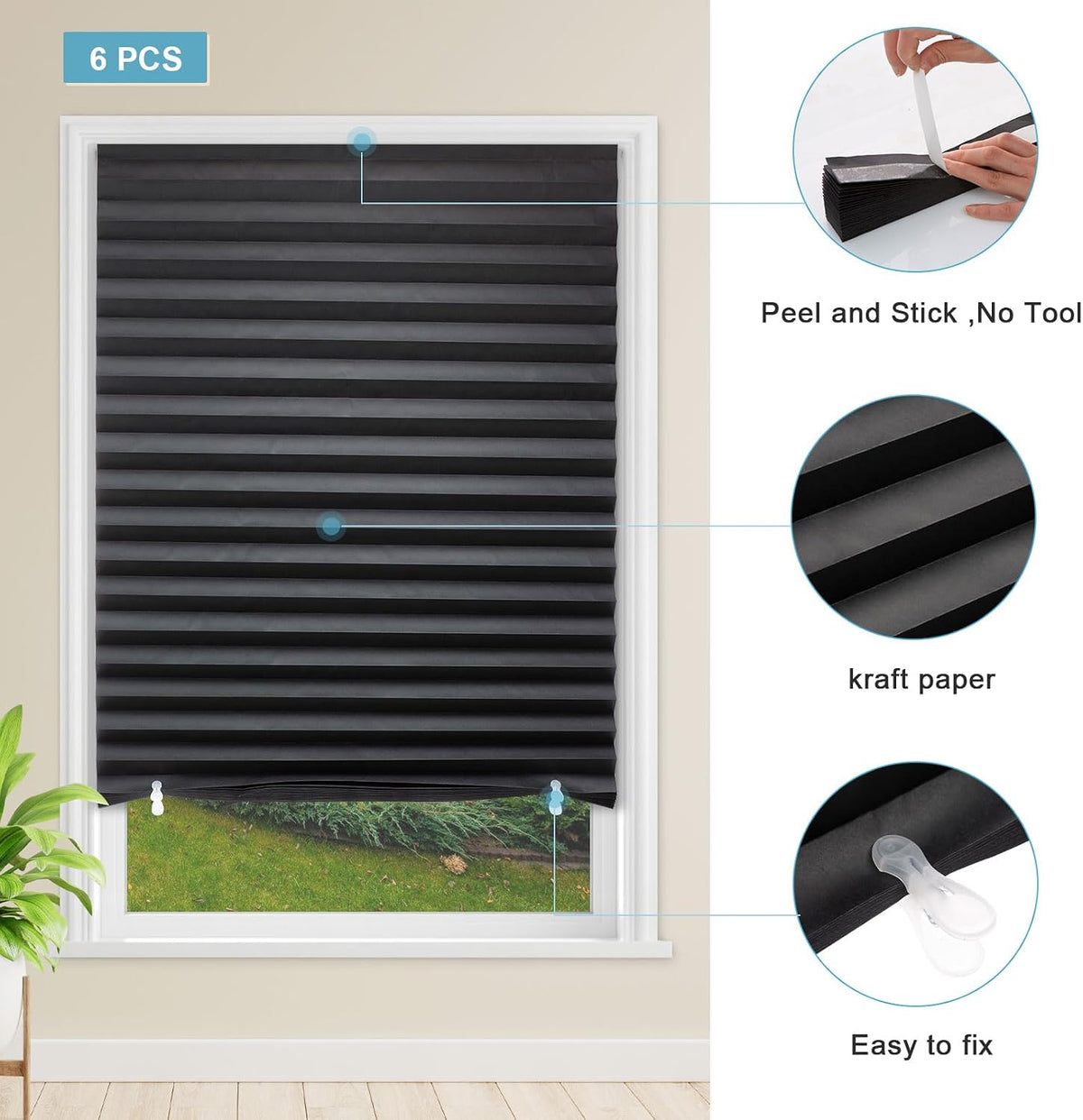 MYshade 6 Pack Temporary Blackout Paper Shades for Windows,Paper Pleated Blinds with Adhesive,No Tools No Drilling Free Cut Size Temporary Room Darkening Shades(Black, 36" W x 72" H)
