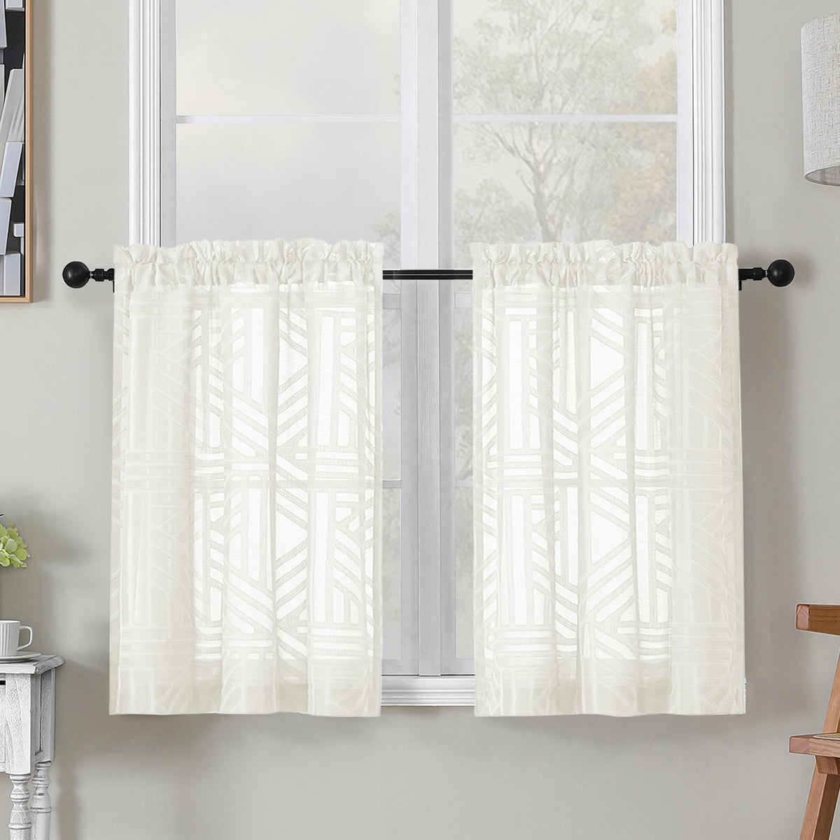 Simplebrand Dusty Blue Semi Sheer Curtains 45 Inch Length 2 Panels, Geometric Jacquard Clip Textured Short Sheer Curtains for Bedroom，Modern Elegant Window Curtains Drapes/Treatment Sheer，42x45 inch