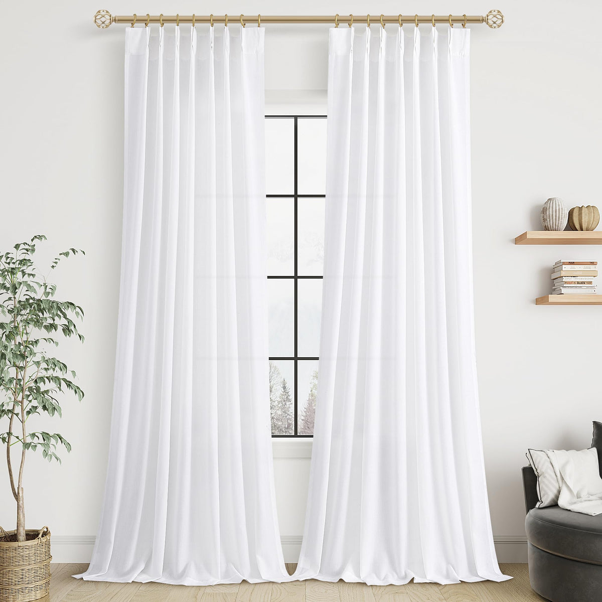 Aersas Linen Pinch Pleated Curtains 84 Inch Length 2 Panels Set for Living Room Cream Semi Sheer Window Curtain for Bedroom Boho Farmhouse Neutral Back Tab Drape Decor with Hooks, Natural Beige Ivory