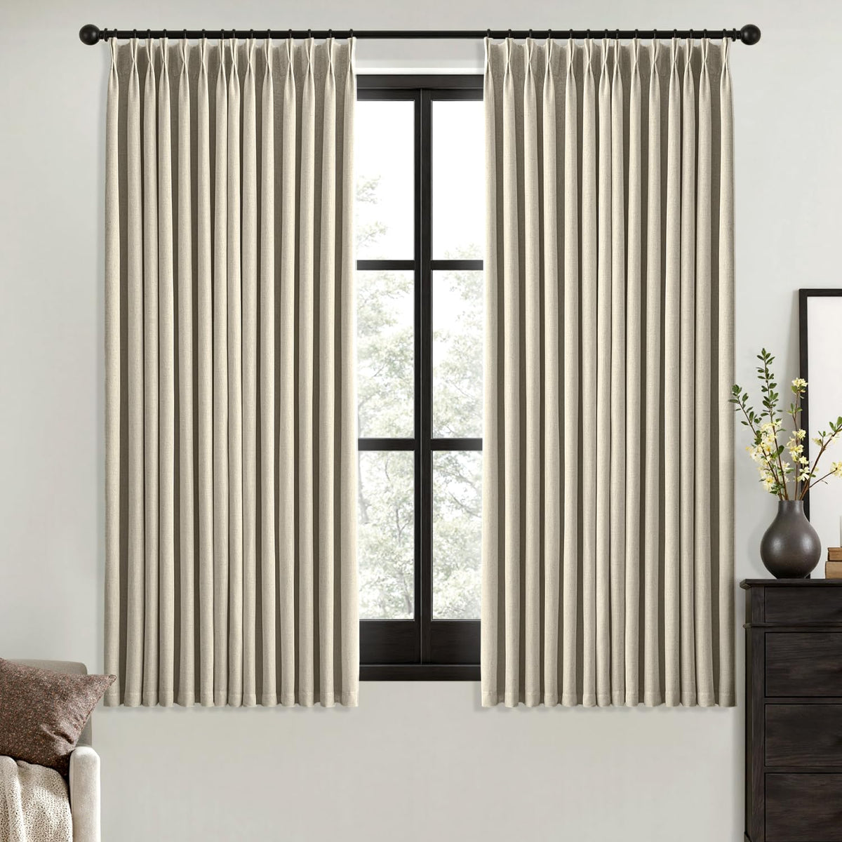 MIULEE Olive Green Pinch Pleated 100% Blackout Linen Curtains 40x108 Inches