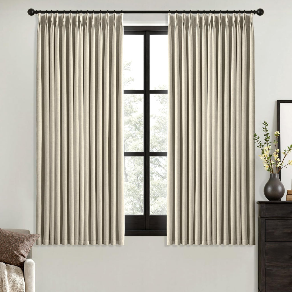 MIULEE Olive Green Pinch Pleated 100% Blackout Linen Curtains 40x108 Inches