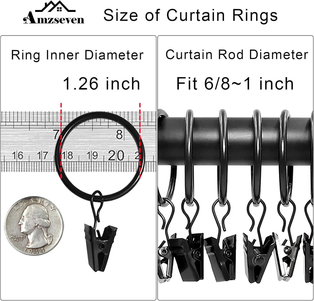 40 Pack Curtain Rings with Clips, Drapery Clips with Rings, Drapes Rings 1.26 in Interior Diameter, Fits up to 1 in Curtain Rod, Black