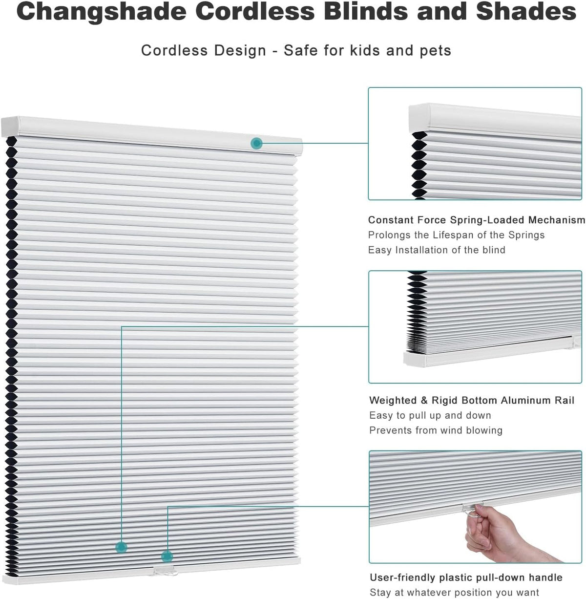 Changshade Cordless Cellular Shades,Blackout Honeycomb Shades for Windows,Pull Down Pleated Blinds,Easy to Install for Indoor Windows and French Doors,White(Blackout),Custom Size