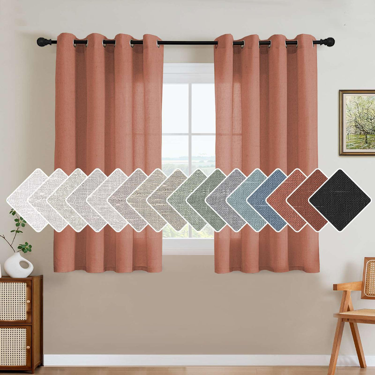 H.VERSAILTEX Natural Linen Grommet Curtains 84 Inch Length for Living Room 2 Panel Drape Semi Sheer Neutral Country Rustic Farmhouse Boho Curtain Bedroom Muslin Look Light Filtering, Heathered Natural