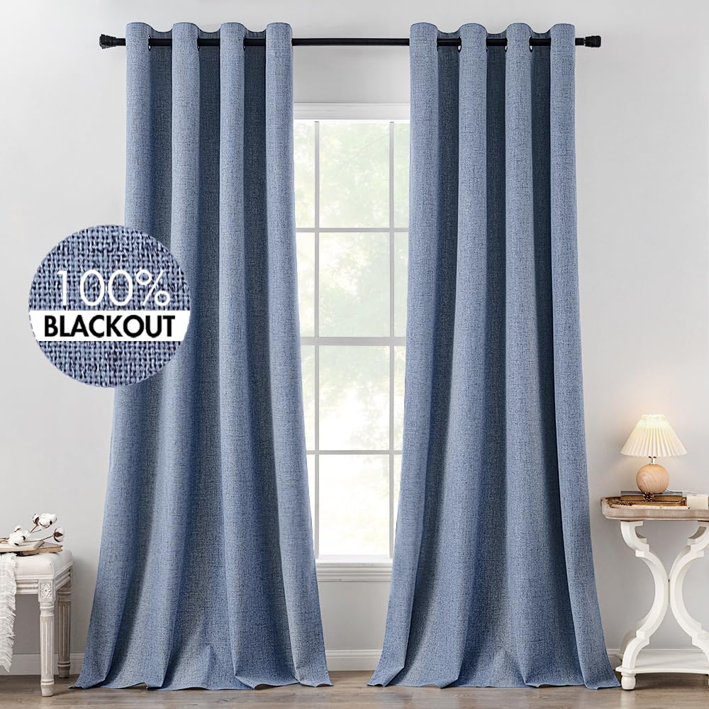 MIULEE 100% Blackout Linen Curtains for Bedroom 52x84 Inches Dusty Blue