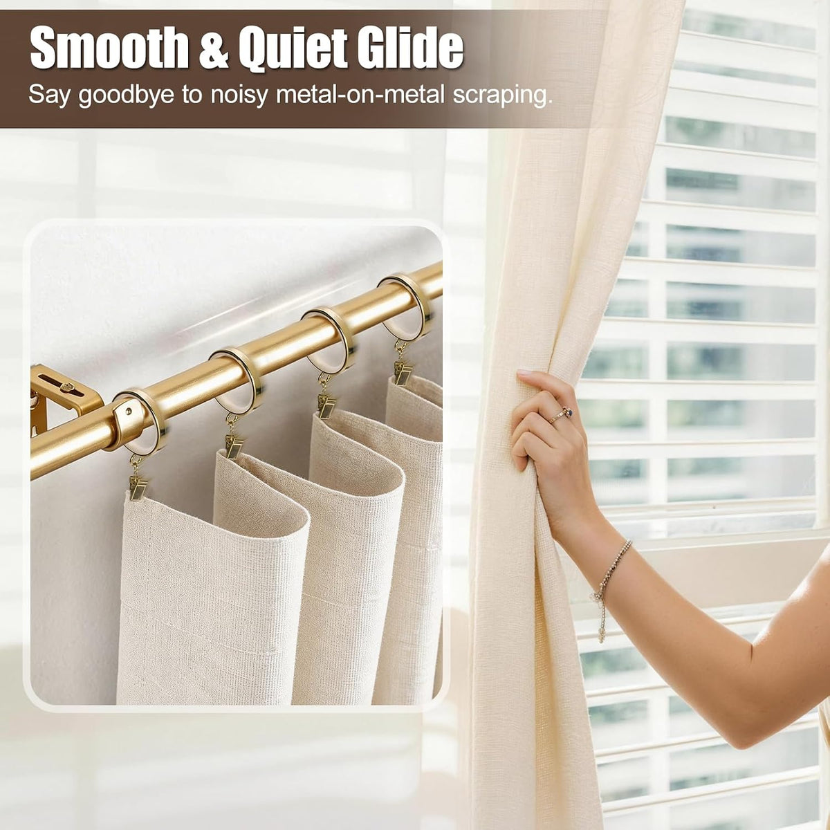 20 Pack Premium Easy Glide Curtain Rings with Clips, Metal Drapery Rings with Silent Nylon Inserts, 2 inch Diameter (1-5/8 inch Inside Diameter) Gold Curtain Rod Clips & Rings for Windows