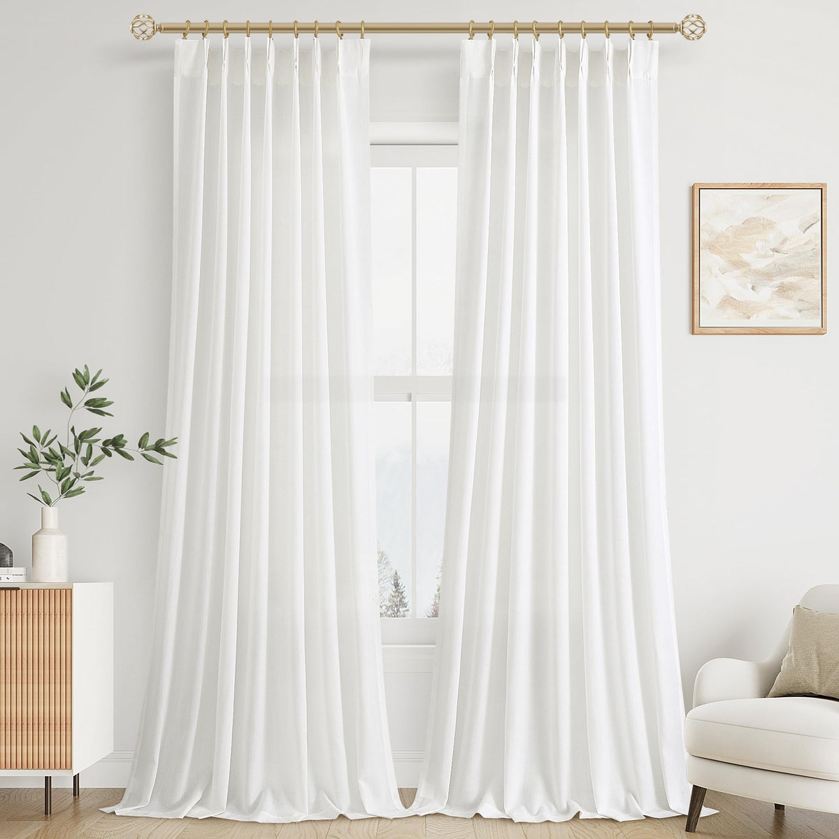 Aersas Linen Pinch Pleated Curtains 84 Inch Length 2 Panels Set for Living Room Cream Semi Sheer Window Curtain for Bedroom Boho Farmhouse Neutral Back Tab Drape Decor with Hooks, Natural Beige Ivory