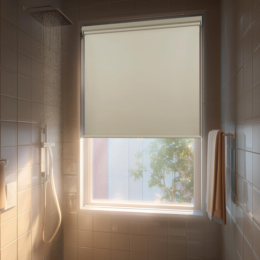HESTIA No Drill Cordless Blackout Roller Shades Screwless Waterproof Shower Window Blinds, Auto-Retraction Easy Install Blind for Bathroom/Kitchen/Office/Exterior, White, 21" W x 54" H