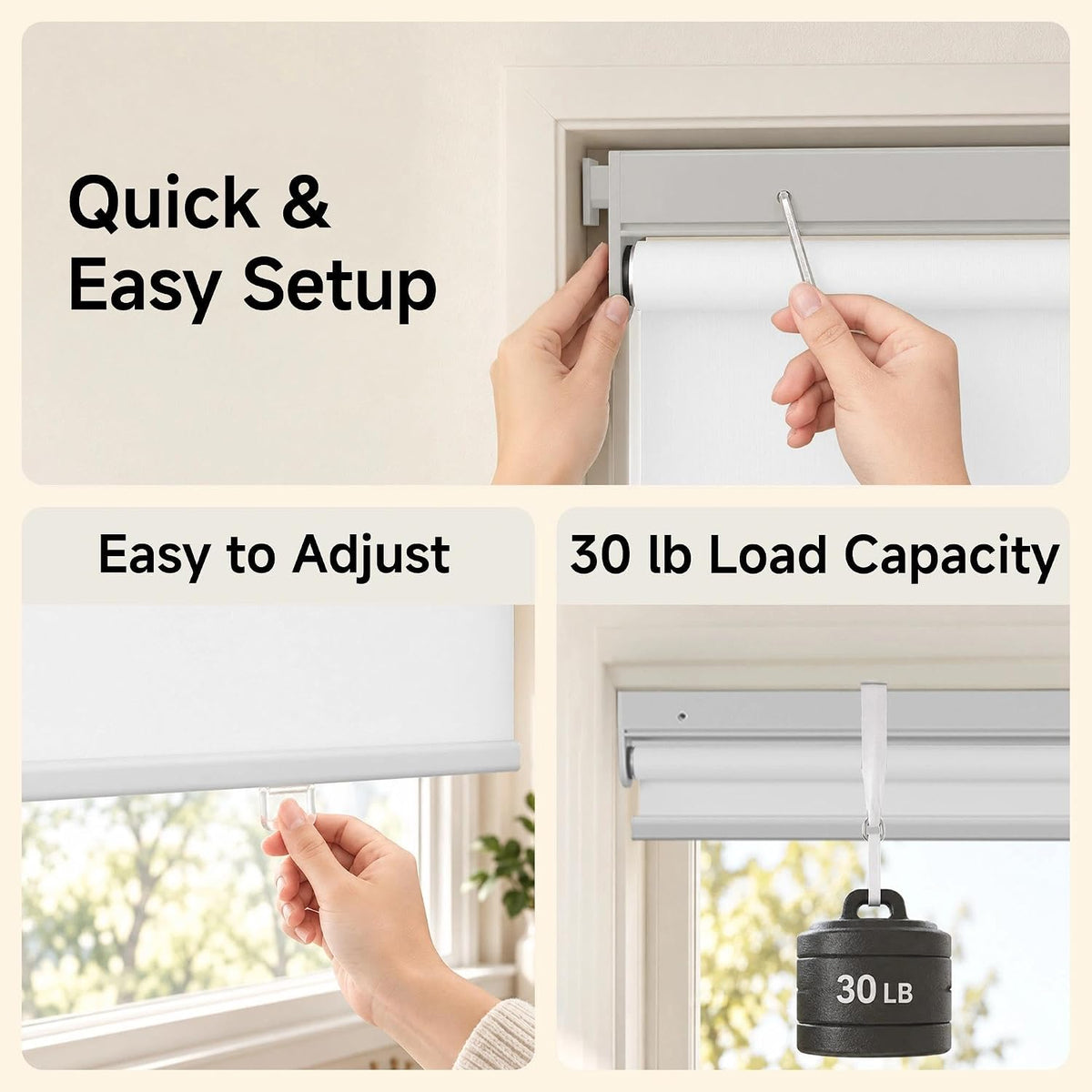 HESTIA No Drill Cordless Blackout Roller Shades Screwless Waterproof Shower Window Blinds, Auto-Retraction Easy Install Blind for Bathroom/Kitchen/Office/Exterior, White, 21" W x 54" H