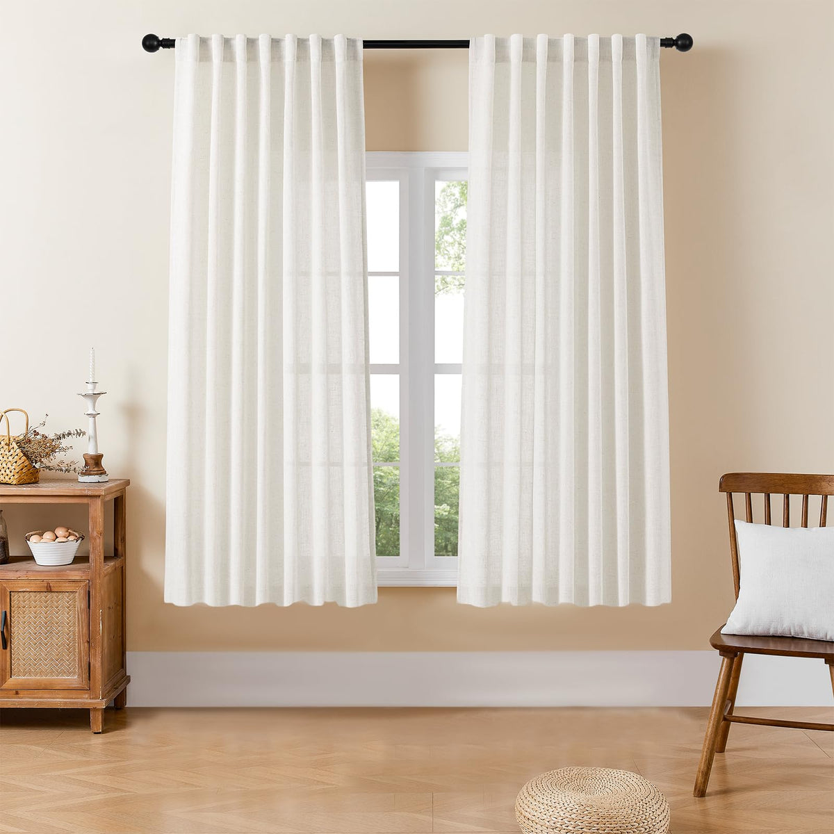 Joydeco Linen Curtains 84 Inch Length 2 Panels,Light Filtering Drapes 52 Inches Wide with Back Tab Rod Pockets (84" L x 52" W, Ivory on Linen)