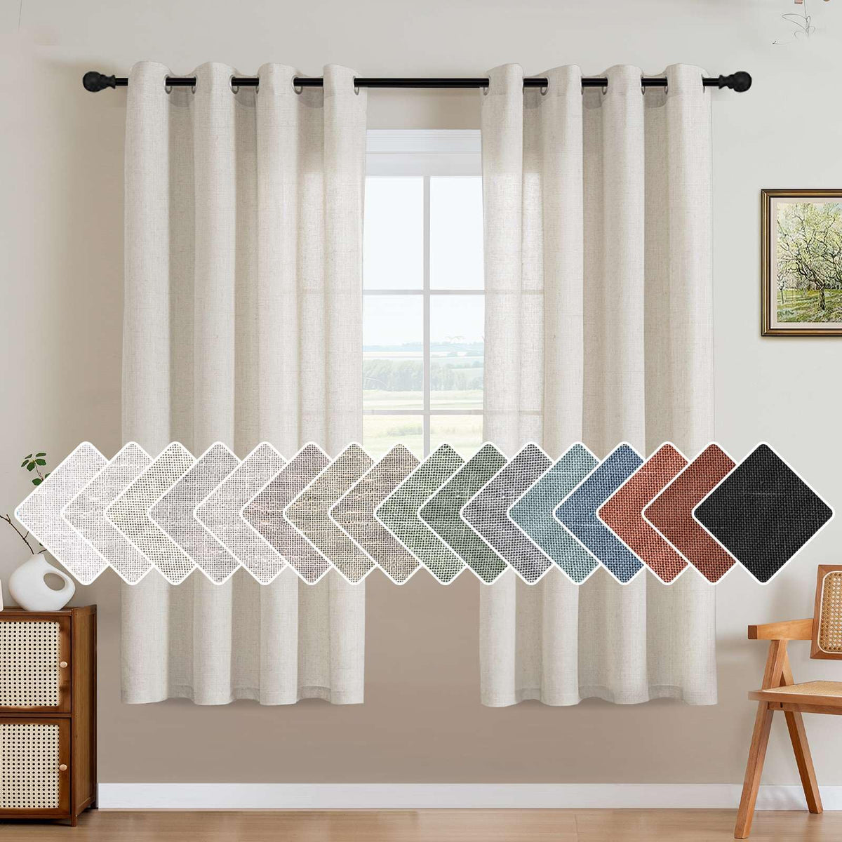 H.VERSAILTEX Natural Linen Grommet Curtains 84 Inch Length for Living Room 2 Panel Drape Semi Sheer Neutral Country Rustic Farmhouse Boho Curtain Bedroom Muslin Look Light Filtering, Heathered Natural