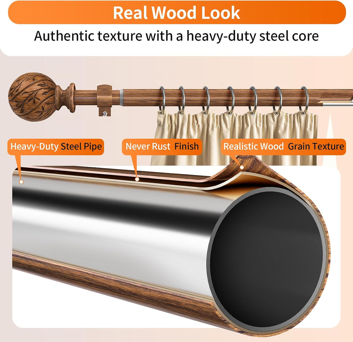 Wood Curtain Rods for Windows 18-45" Adjustable Window Treatment Rods