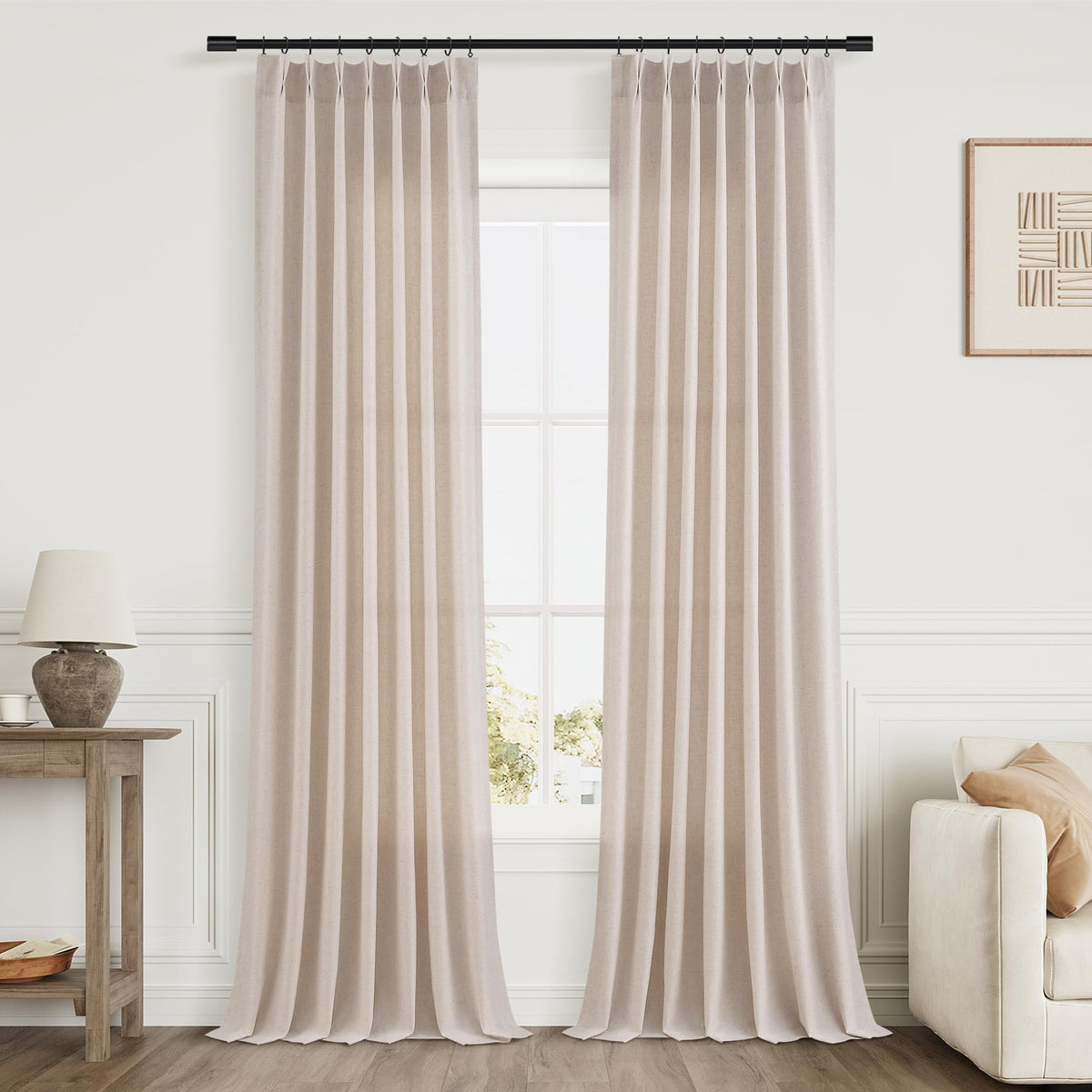 Aersas Linen Pinch Pleated Curtains 84 Inch Length 2 Panels Set for Living Room Cream Semi Sheer Window Curtain for Bedroom Boho Farmhouse Neutral Back Tab Drape Decor with Hooks, Natural Beige Ivory