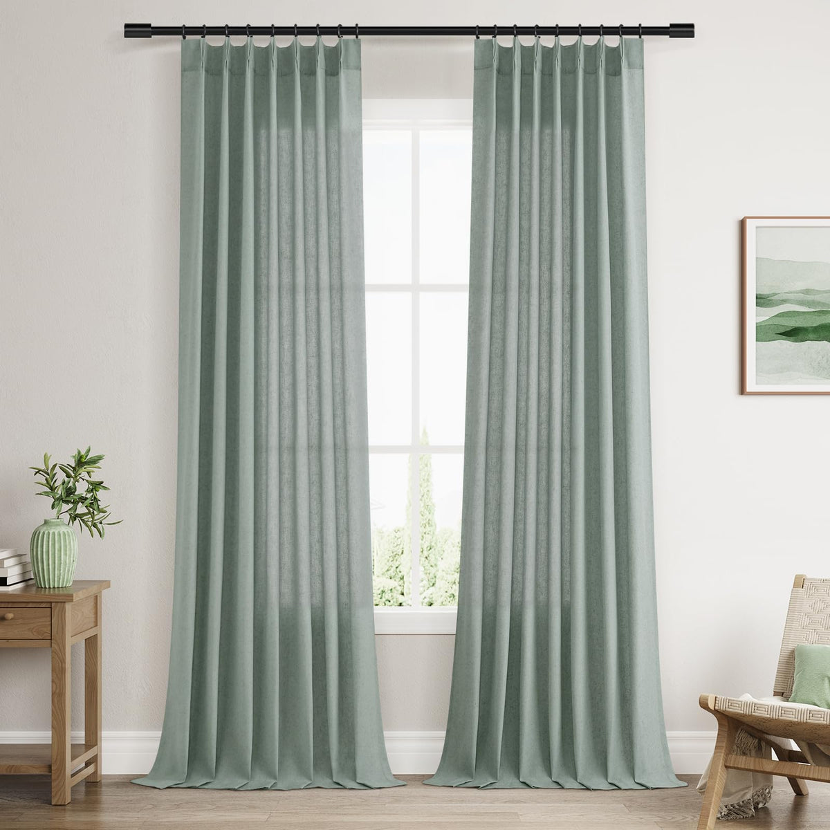 Aersas Linen Pinch Pleated Curtains 84 Inch Length 2 Panels Set for Living Room Cream Semi Sheer Window Curtain for Bedroom Boho Farmhouse Neutral Back Tab Drape Decor with Hooks, Natural Beige Ivory