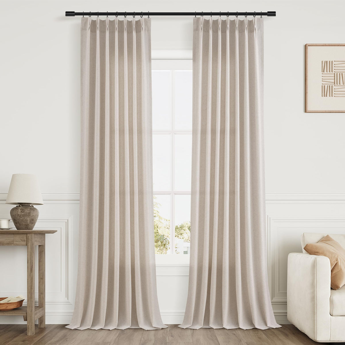 Aersas Linen Pinch Pleated Curtains 84 Inch Length 2 Panels Set for Living Room Cream Semi Sheer Window Curtain for Bedroom Boho Farmhouse Neutral Back Tab Drape Decor with Hooks, Natural Beige Ivory