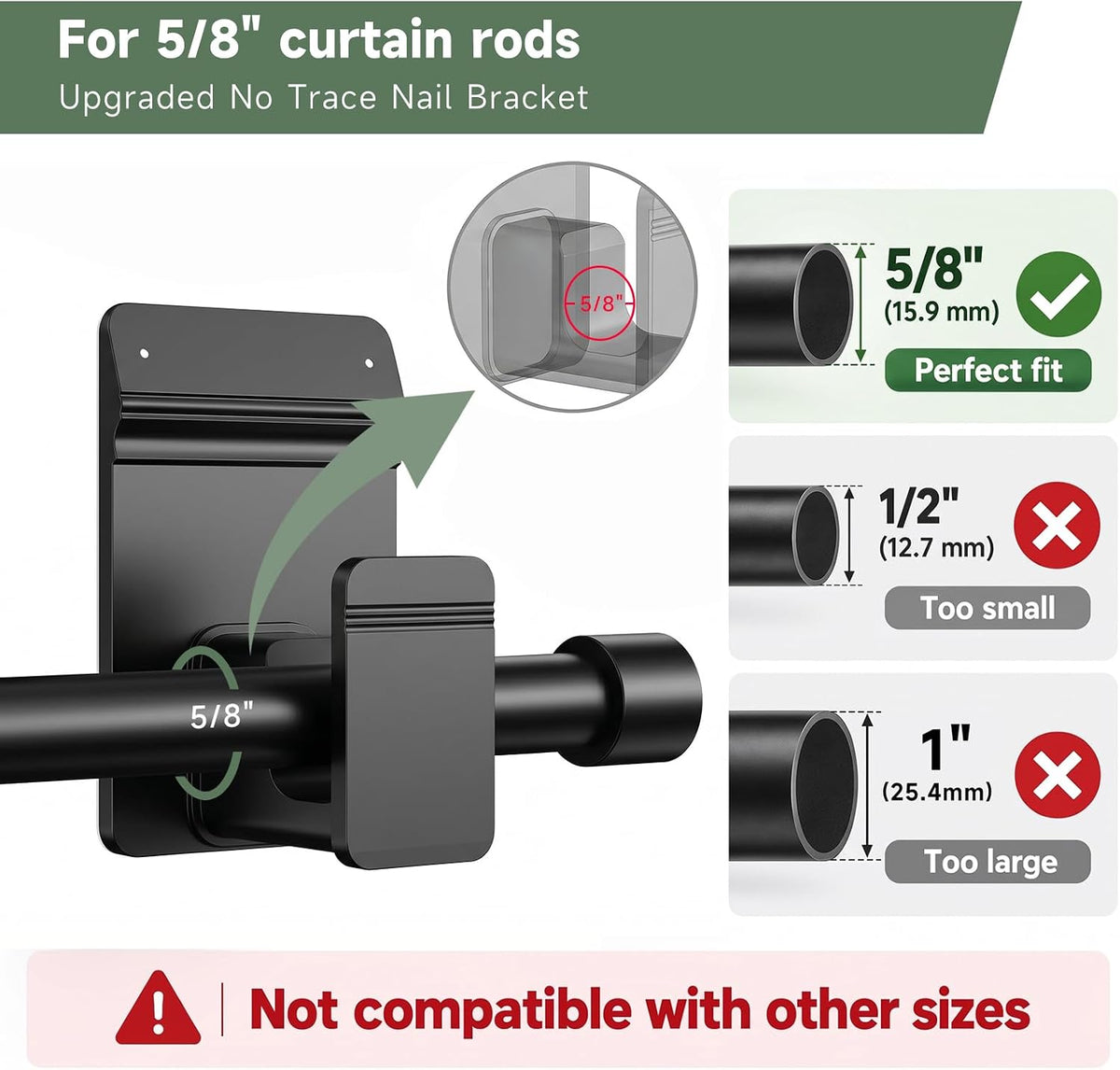 EKOTTOK No Drill Curtain Rod Brackets for 5/8" Rod, Heavy Duty 30LB+, Adhesive & Invisible Nail Curtain Rod Holders, Damage-Free Wall Mount Hooks for Bathroom, Kitchen, Bedroom (4PC, Black)