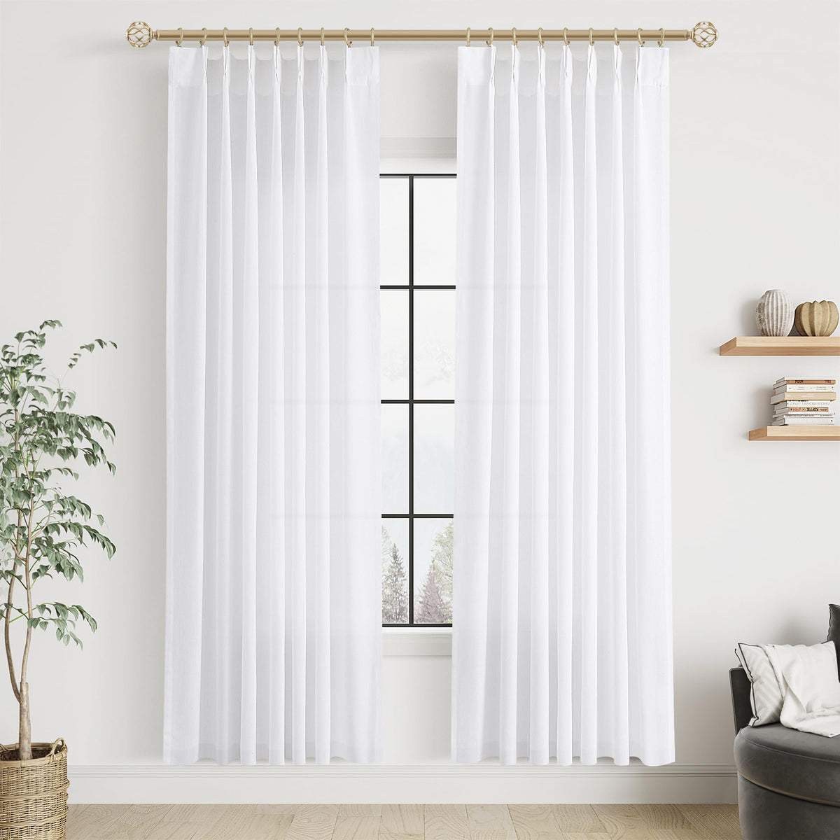 Aersas Linen Pinch Pleated Curtains 84 Inch Length 2 Panels Set for Living Room Cream Semi Sheer Window Curtain for Bedroom Boho Farmhouse Neutral Back Tab Drape Decor with Hooks, Natural Beige Ivory