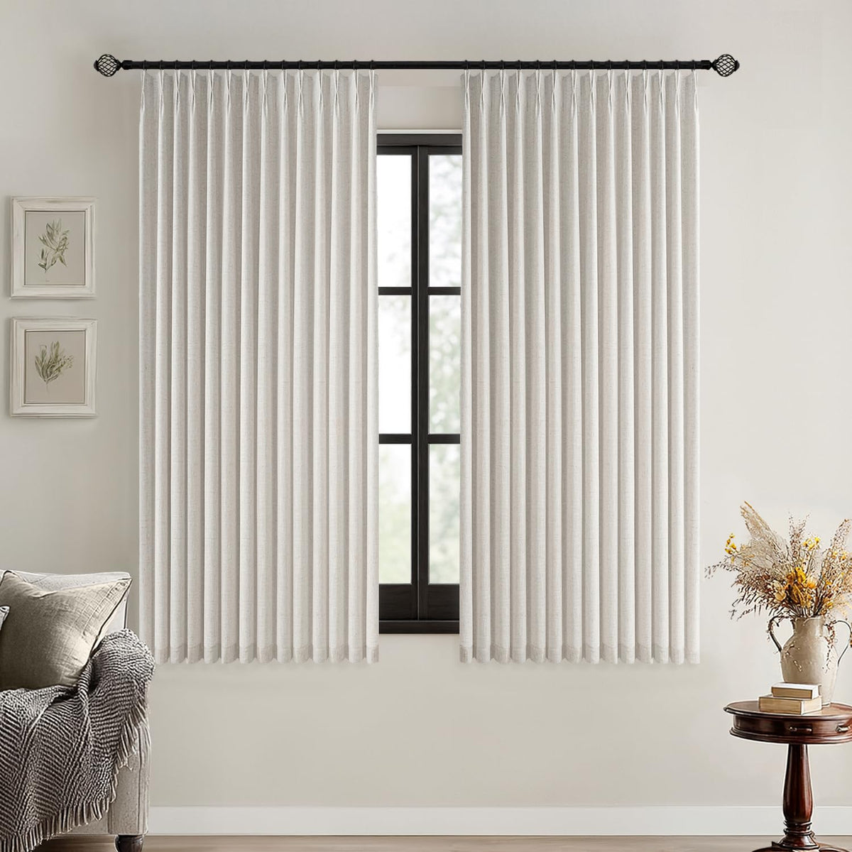 MIULEE Olive Green Pinch Pleated 100% Blackout Linen Curtains 40x108 Inches