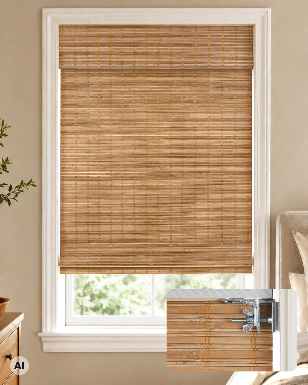LazBlinds 100% Blackout No Drill Bamboo Roman Shades, Cordless Bamboo Blinds for Indoor Windows, Room Darkening Shades for Home & Patio, Thermal Insulated, Brown206, 20" W x 48" H