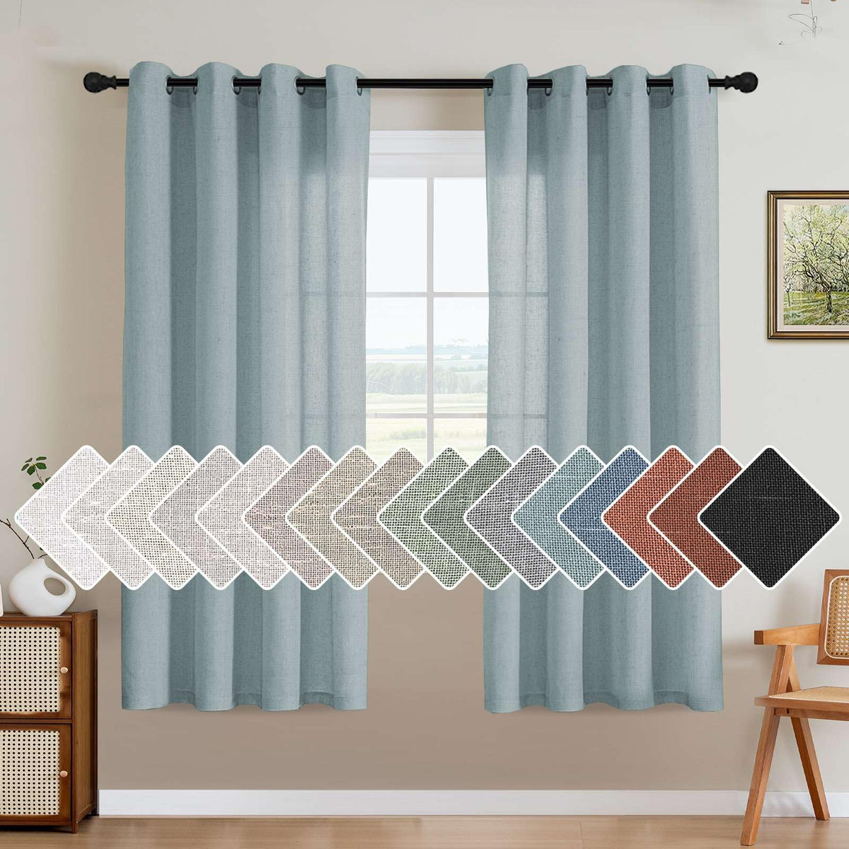 H.VERSAILTEX Natural Linen Grommet Curtains 84 Inch Length for Living Room 2 Panel Drape Semi Sheer Neutral Country Rustic Farmhouse Boho Curtain Bedroom Muslin Look Light Filtering, Heathered Natural