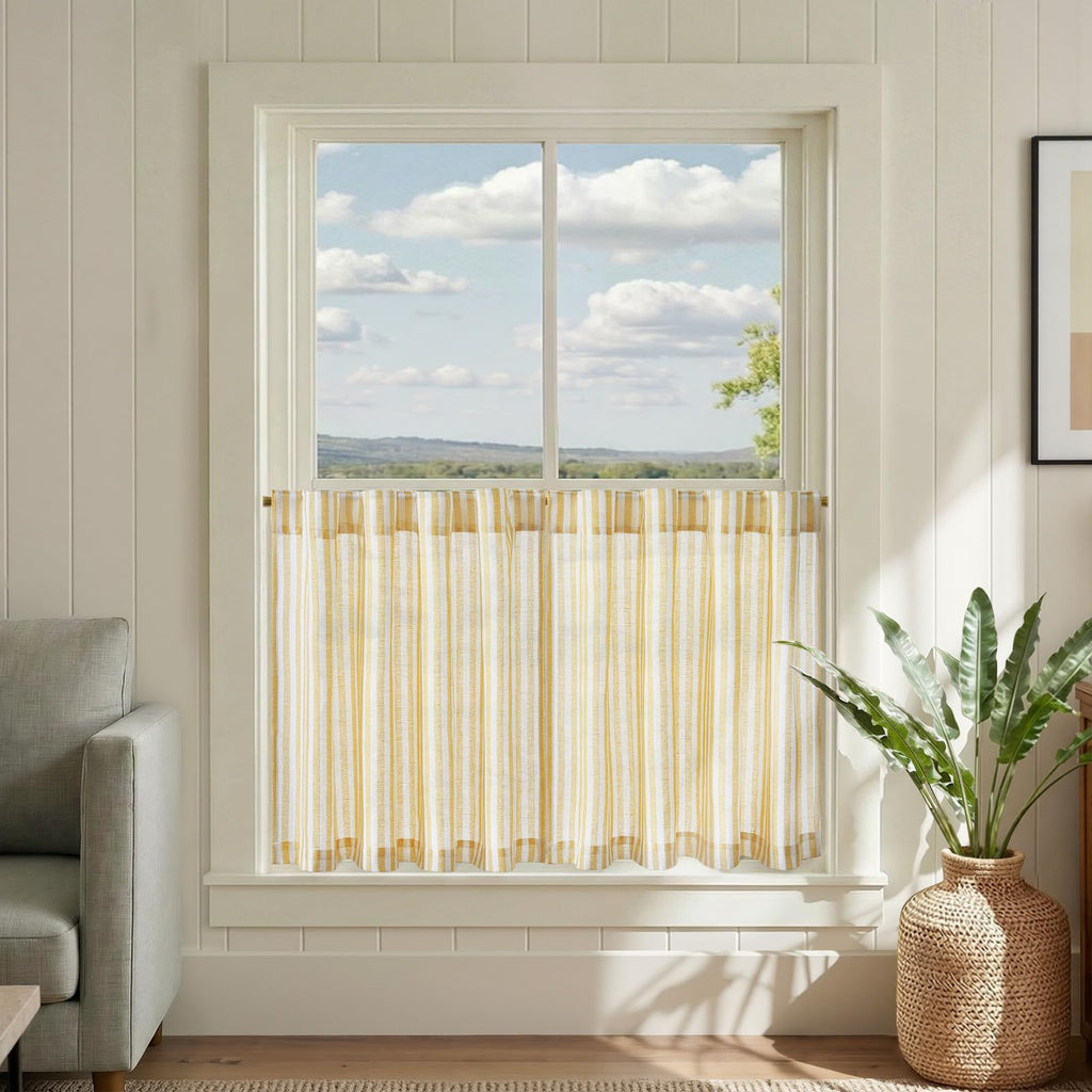 jinchan Striped Linen Kitchen Curtains 36 Inches Length Tier Curtains Farmhouse Modern Cafe Style Small Window Treatments Airy Light Filtering Rod Pocket for Living Room Bathroom 2 Panels Sage Green