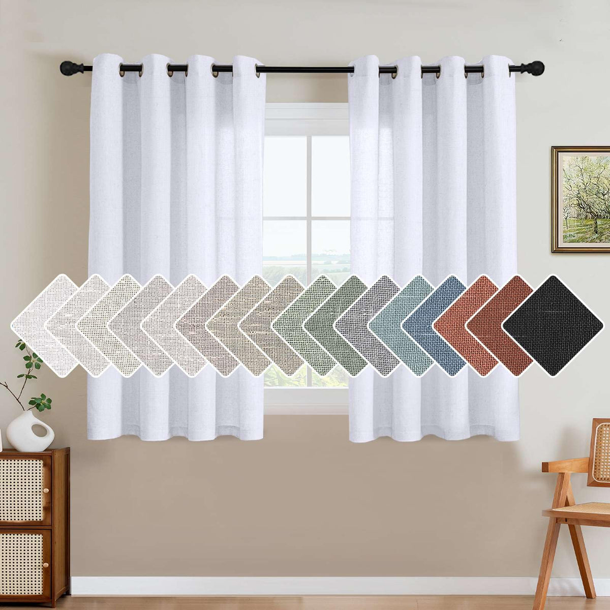 H.VERSAILTEX Natural Linen Grommet Curtains 84 Inch Length for Living Room 2 Panel Drape Semi Sheer Neutral Country Rustic Farmhouse Boho Curtain Bedroom Muslin Look Light Filtering, Heathered Natural