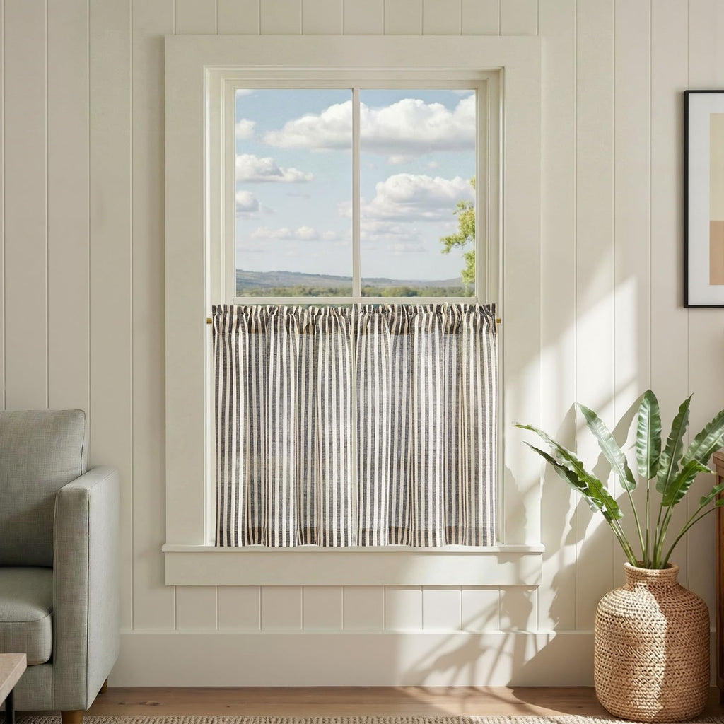 jinchan Striped Linen Kitchen Curtains 36 Inches Length Tier Curtains Farmhouse Modern Cafe Style Small Window Treatments Airy Light Filtering Rod Pocket for Living Room Bathroom 2 Panels Sage Green