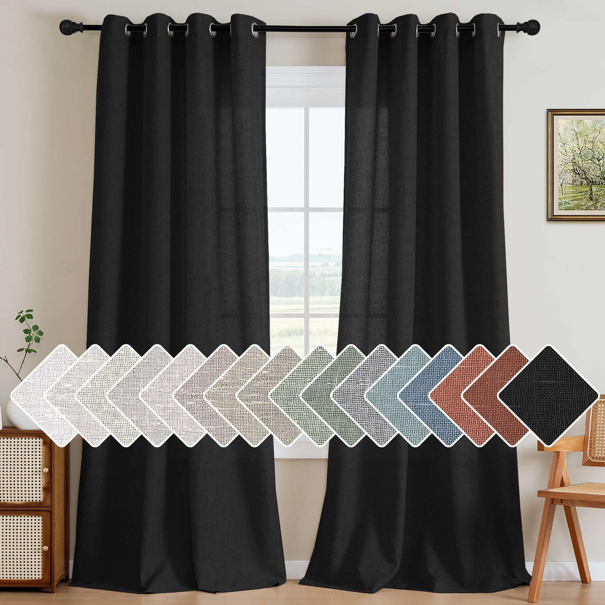 H.VERSAILTEX Natural Linen Grommet Curtains 84 Inch Length for Living Room 2 Panel Drape Semi Sheer Neutral Country Rustic Farmhouse Boho Curtain Bedroom Muslin Look Light Filtering, Heathered Natural