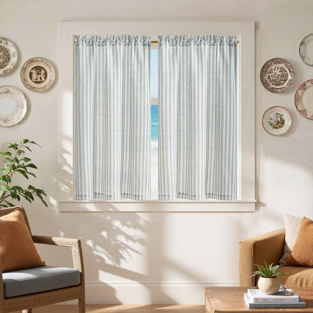 jinchan Striped Linen Kitchen Curtains 36 Inches Length Tier Curtains Farmhouse Modern Cafe Style Small Window Treatments Airy Light Filtering Rod Pocket for Living Room Bathroom 2 Panels Sage Green