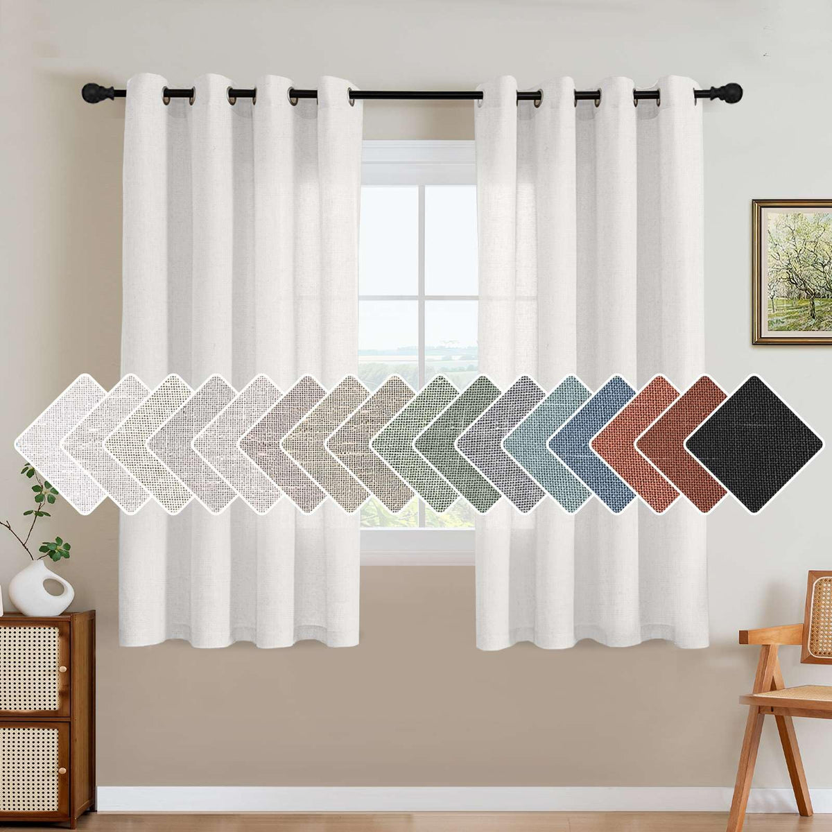 H.VERSAILTEX Natural Linen Grommet Curtains 84 Inch Length for Living Room 2 Panel Drape Semi Sheer Neutral Country Rustic Farmhouse Boho Curtain Bedroom Muslin Look Light Filtering, Heathered Natural