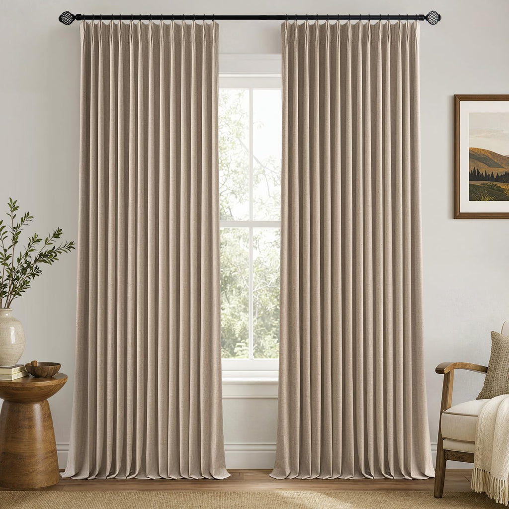 MIULEE Olive Green Pinch Pleated 100% Blackout Linen Curtains 40x108 Inches