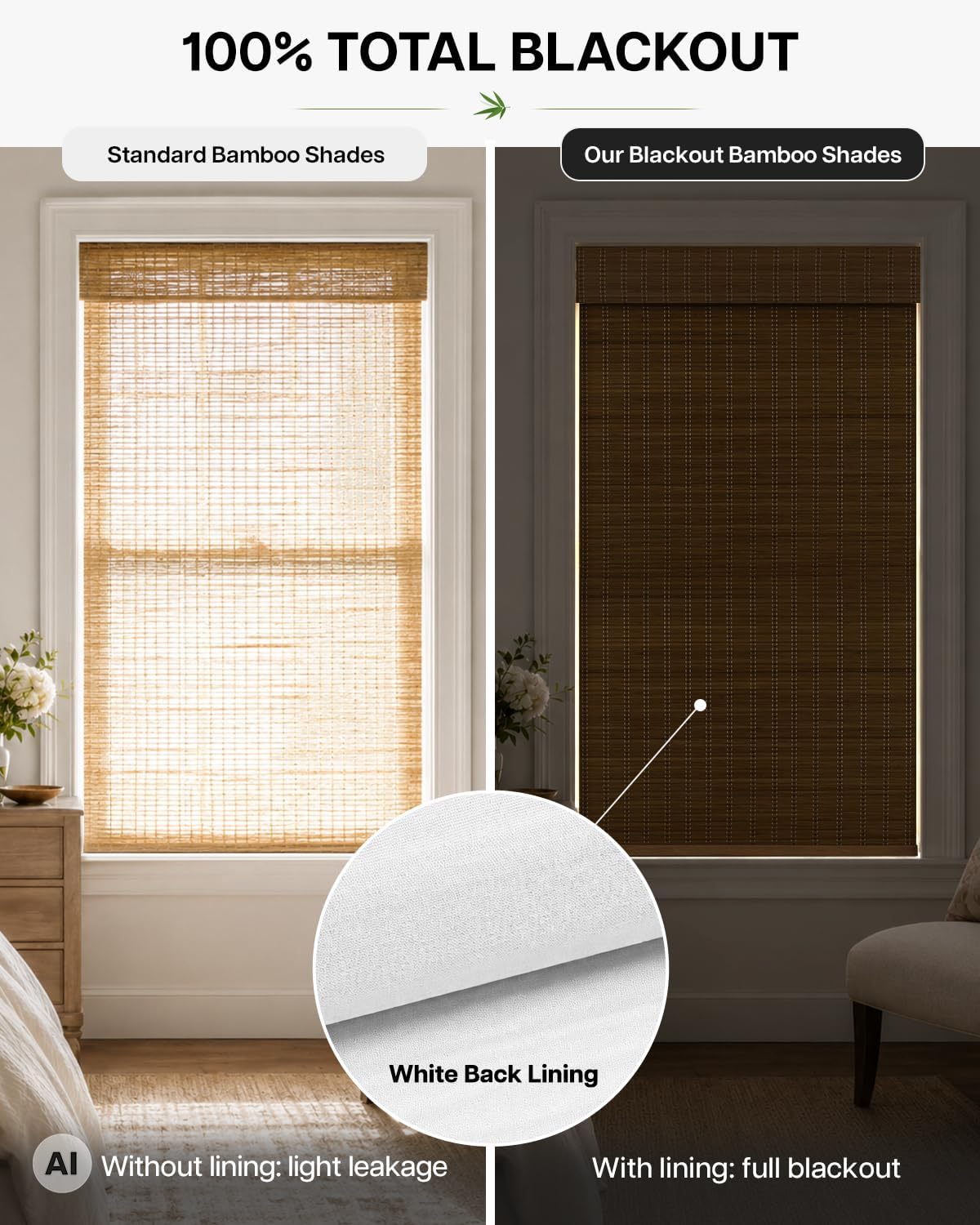 LazBlinds 100% Blackout No Drill Bamboo Roman Shades, Cordless Bamboo Blinds for Indoor Windows, Room Darkening Shades for Home & Patio, Thermal Insulated, Brown206, 20" W x 48" H