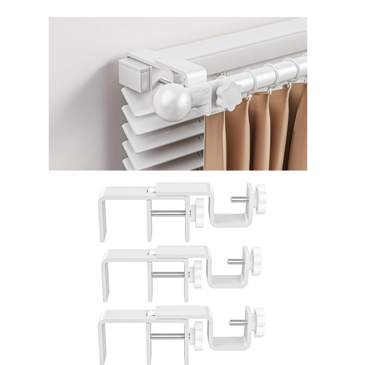 Over-Blinds Curtain Rod Brackets for Outside-Mounted Blinds, Blinds Curtain Rod Brackets for 1.3–2” Rectangular Headrails, Tool-Free No-Drill Installation for Apartments, Rentals Set of 2 (Black)