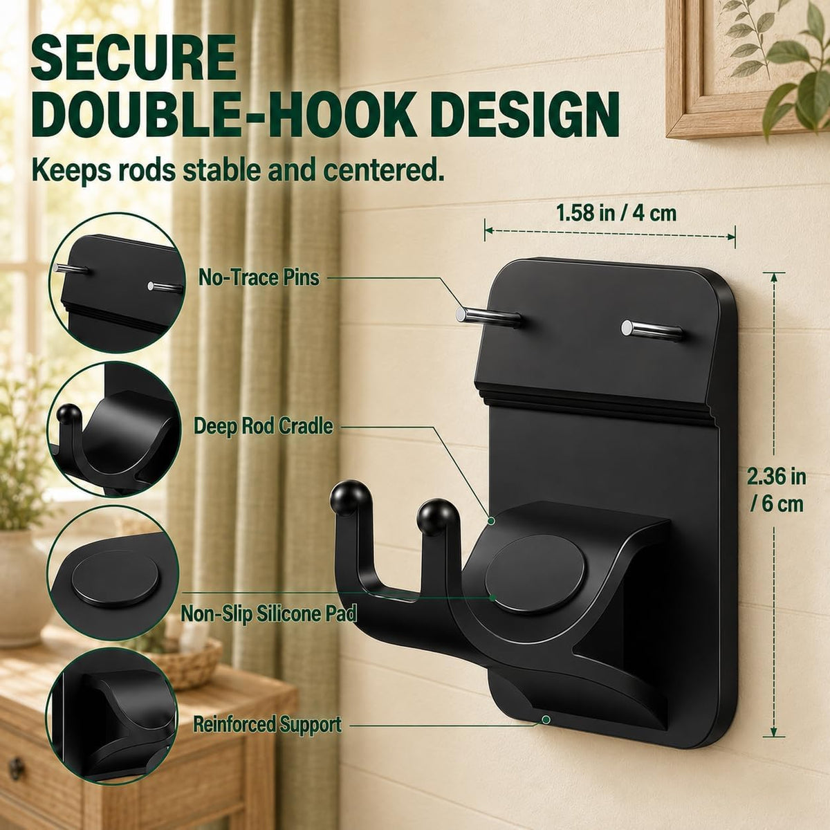 No Drill Curtain Rod Brackets, 8-Pack Adhesive Hooks with Invisible Nails