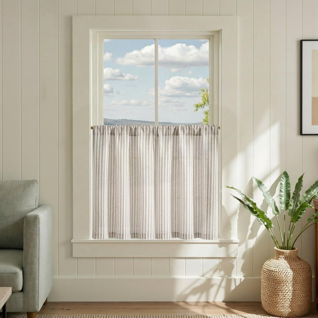 jinchan Striped Linen Kitchen Curtains 36 Inches Length Tier Curtains Farmhouse Modern Cafe Style Small Window Treatments Airy Light Filtering Rod Pocket for Living Room Bathroom 2 Panels Sage Green