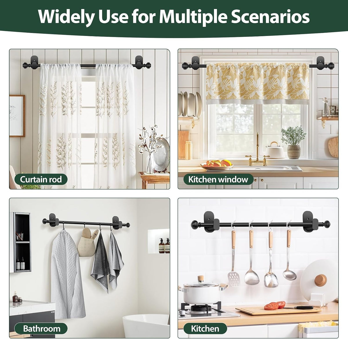 KAMANINA Curtain Rods No Drilling for Windows 32 to 86 Inches, Black