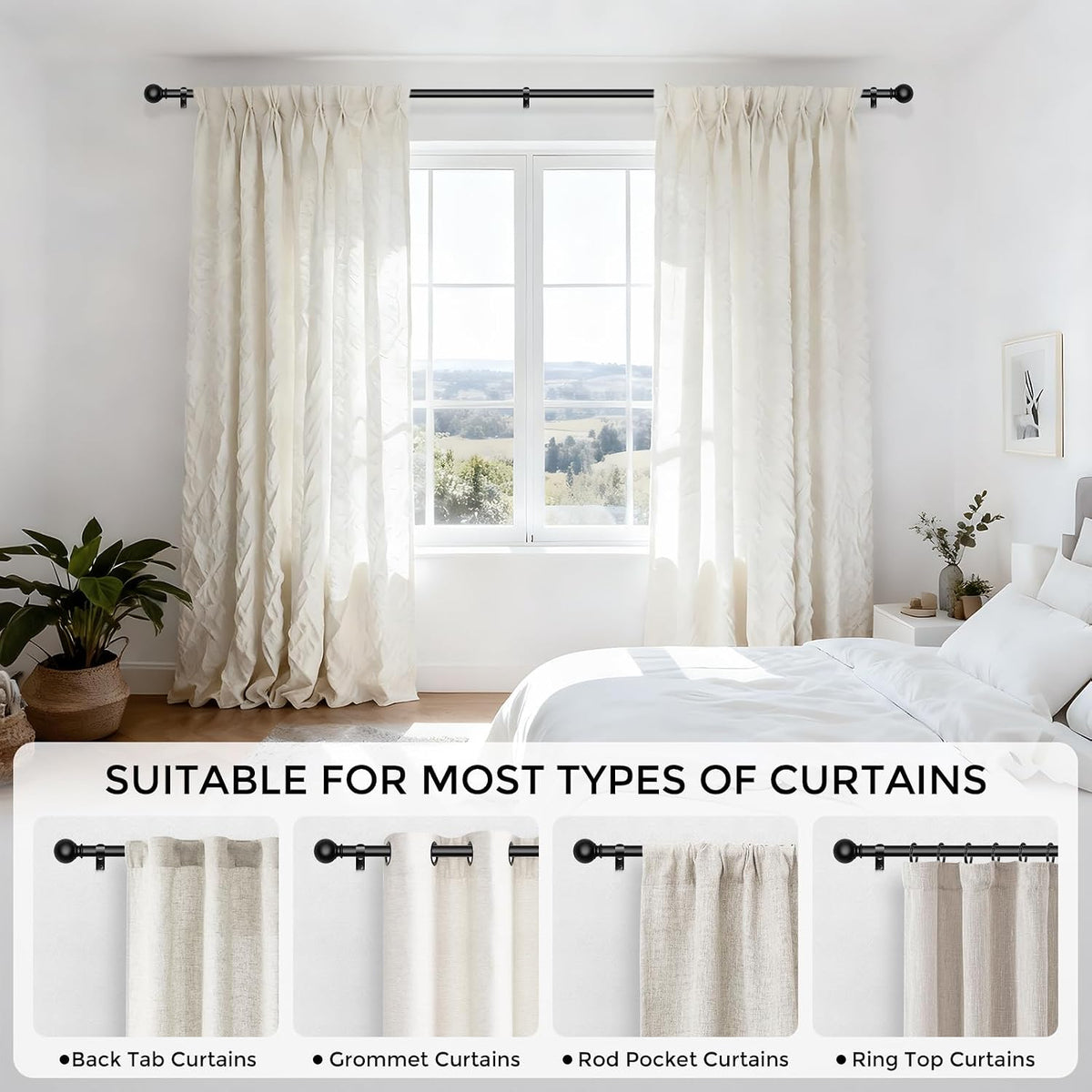 Curtain Rod for Windows 18-45 Inch, Black 5/8 Inch Small Window Treatment Rods, Short Adjustable Splicing Drapery pole, Matte Black