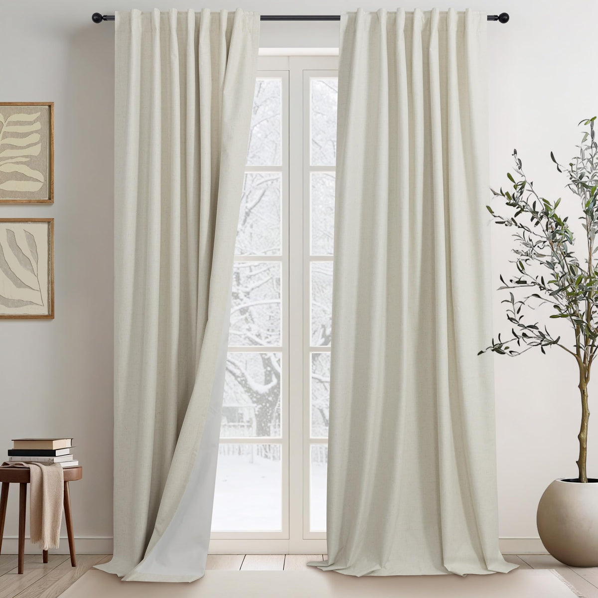 Natural Linen Back Tab Blackout Curtains & Drapes 96 Inch Long for Bedroom Livingroom Farmhouse Curtain 2 Panel Neutral Cute Black Out Room Darkening Thermal Insulated 8ft Pleated Window Curtain Cream