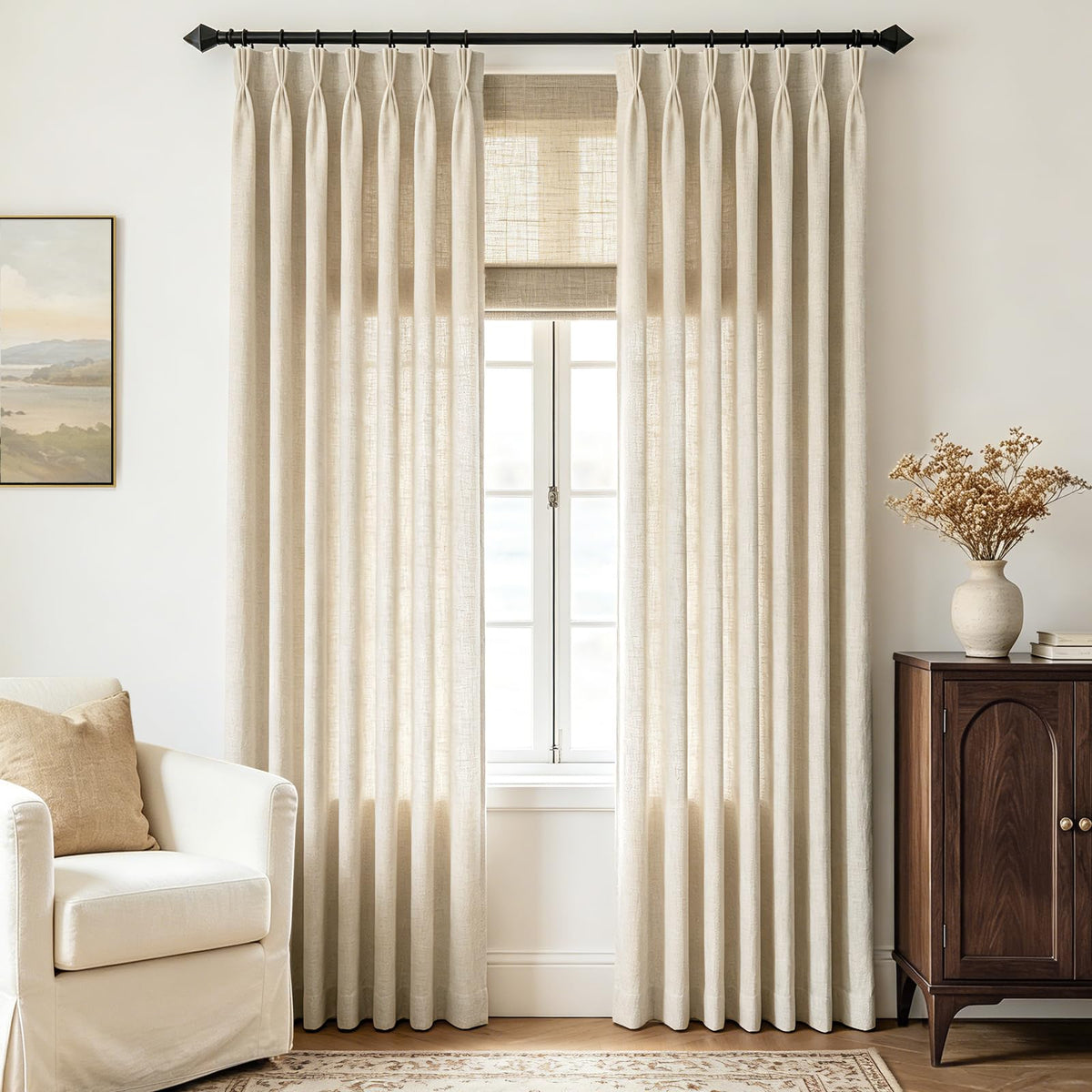 Beige Pinch Pleated Linen Curtains 108 inch Length 2 Panels for Living Room Light Filtering Triple Pleat Curtain Memory Trained FarmhouseNeutral Earthy Thick Flax Linen Drapes 108 inch Long Apricot
