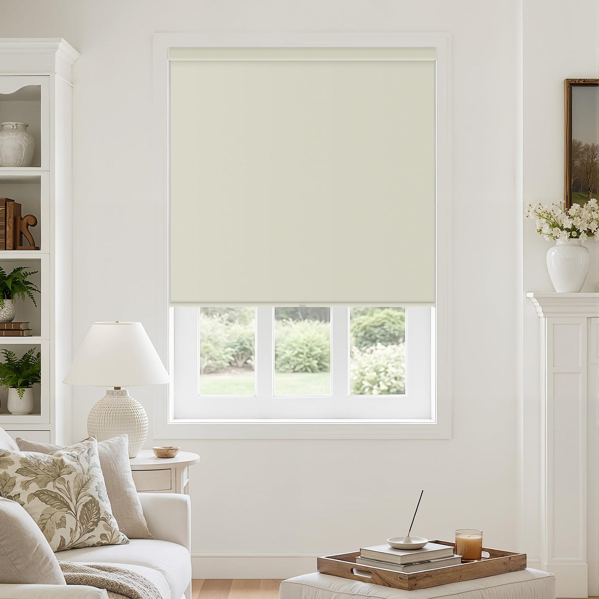 Blackout Roller Shades for Bedroom Window Cordless Free-Stop Blinds with Valance UV Protection 100% Black Out Linen Shades Blinds for Indoor Bathroom Windows Living Room Beige Oatmeal 34" W x 72" H