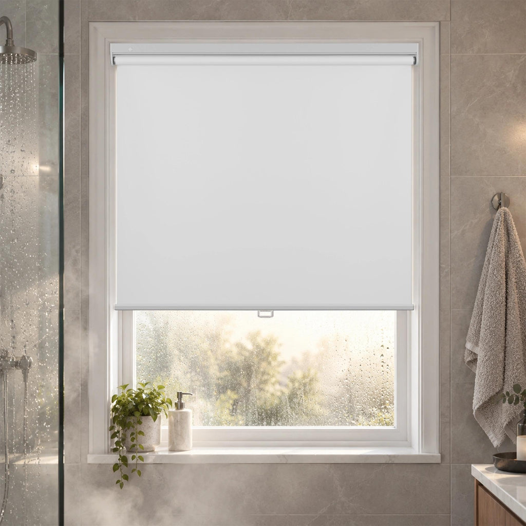 HESTIA No Drill Cordless Blackout Roller Shades Screwless Waterproof Shower Window Blinds, Auto-Retraction Easy Install Blind for Bathroom/Kitchen/Office/Exterior, White, 21" W x 54" H
