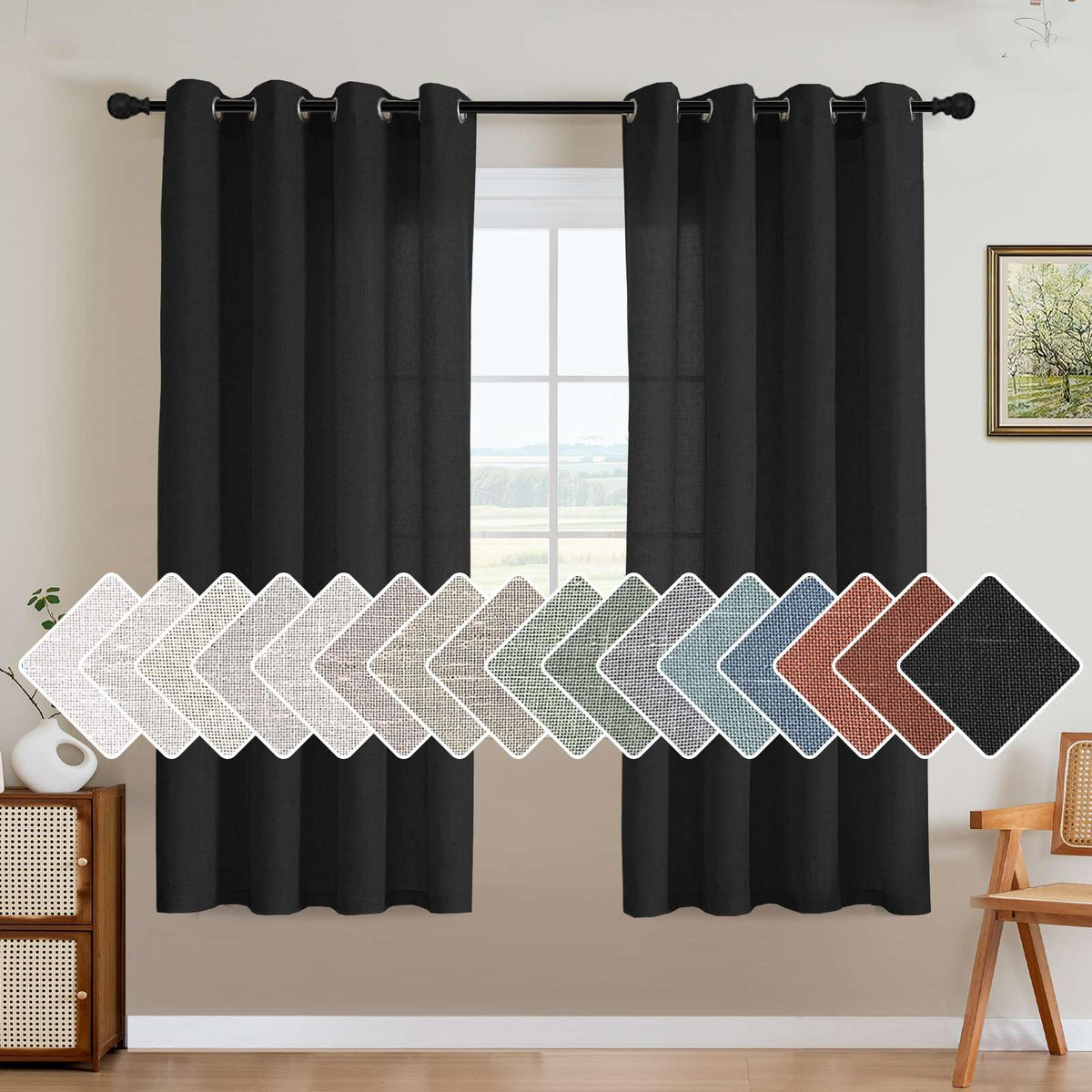 H.VERSAILTEX Natural Linen Grommet Curtains 84 Inch Length for Living Room 2 Panel Drape Semi Sheer Neutral Country Rustic Farmhouse Boho Curtain Bedroom Muslin Look Light Filtering, Heathered Natural