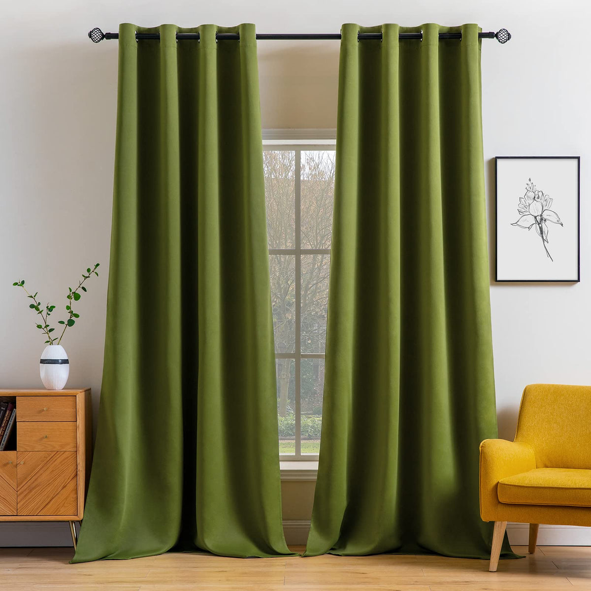 MIULEE Olive Blackout Bedroom Curtains Drapes 84 Inch Long 52"x84"