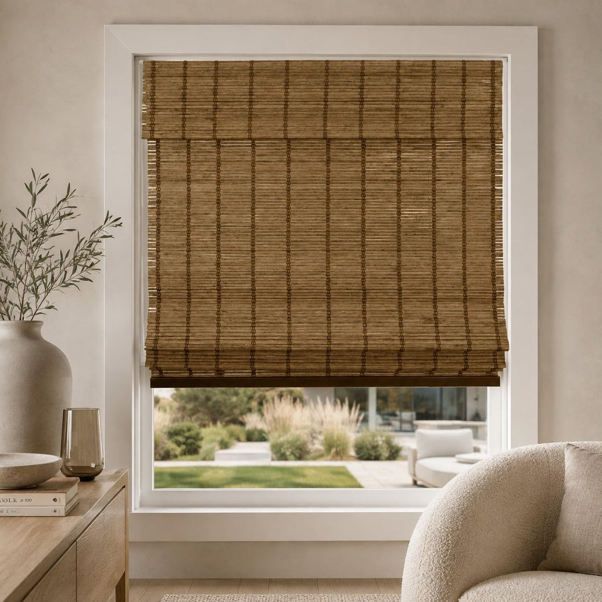 CHICOLOGY Cordless Bamboo Roman Shade, Light Filtering, Squirrel 36"x64"