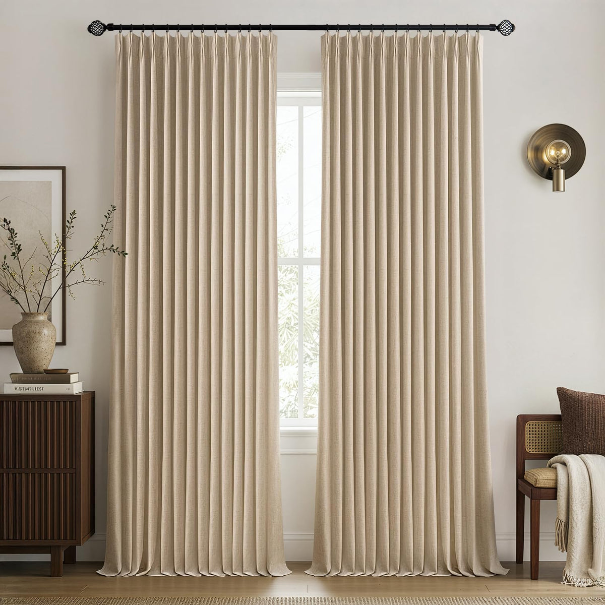 MIULEE Olive Green Pinch Pleated 100% Blackout Linen Curtains 40x108 Inches
