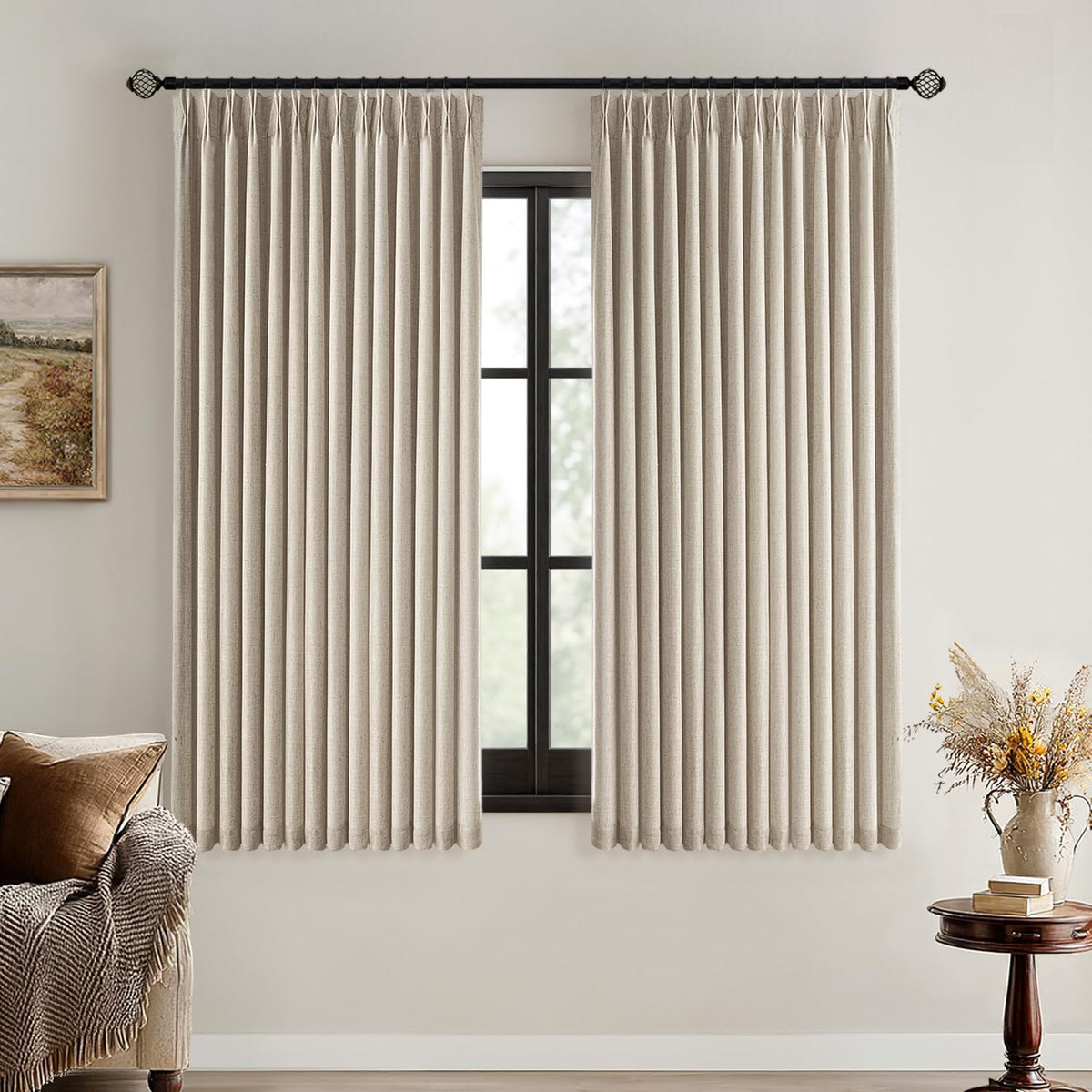 MIULEE Olive Green Pinch Pleated 100% Blackout Linen Curtains 40x108 Inches