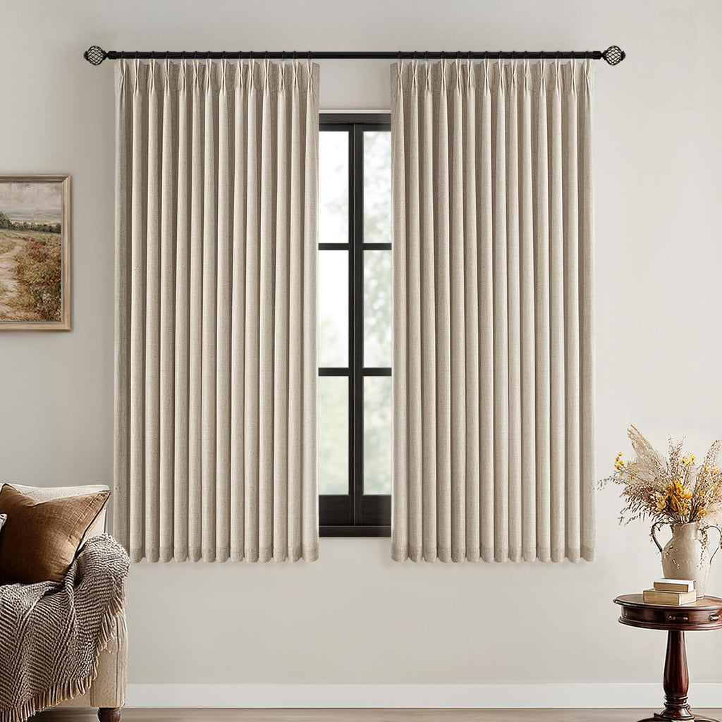 MIULEE Olive Green Pinch Pleated 100% Blackout Linen Curtains 40x108 Inches