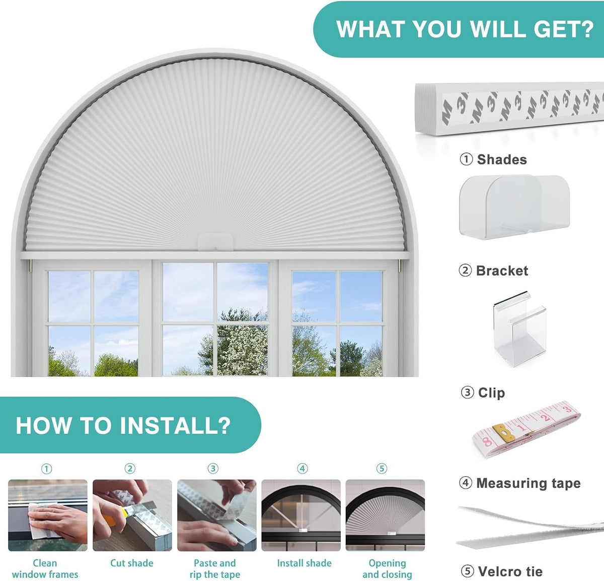 Changshade Arch Window Shades Blackout,Half Moon(Radius:36") Blackout Pleated Window Shades, Half Circle No Drill Cellular Shades for Windows, Easy Cut and Install